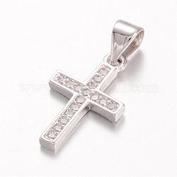 Pendentifs croix en laiton avec zircone cubique de micro pave, platine, 17x10x1.5mm, Trou: 5x4mm
