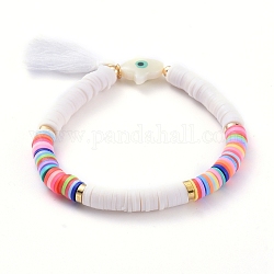 Handmade Polymer Clay Heishi Beads Stretch Bracelets, with Cotton Thread Tassel Pendants and Natural Freshwater Shell Beads, Palm with Evil Eye, PapayaWhip, 2-1/4 inch(5.8cm)