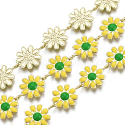 Messing Blumengliederketten, mit Emaille, ungeschweißte, echtes 16k vergoldet, Gelb, 13.5~14x9.5~10x1 mm