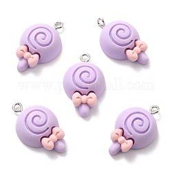 Resin Pendants, with Platinum Tone Iron Loop, Lollipop with Bowknot, Lilac, 26x15.5x7mm, Hole: 2mm