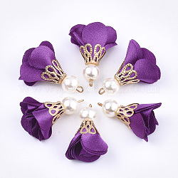 Pendentifs en fer, avec un chiffon et une perle d'imitation en plastique ABS, fleur, or, violet, 25~32x15~25mm, Trou: 1~4mm