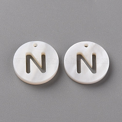 Pendentifs de coquillages d'eau douce naturelle, plat rond avec la lettre, letter.n, 12x1.5mm, Trou: 1mm
