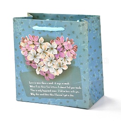 Bolsas de papel rectangulares, con asas de cuerda de algodón, corazón con patrón floral y palabra, para bolsas de regalo y bolsas de compras, turquesa, 14x7.1x14.5 cm