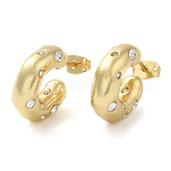 Rack Plating Brass Round with Heart Stud Earrings with Cubic Zirconia, Half Hoop Earrings, Cadmium Free & Lead Free, Real 18K Gold Plated, 18x6mm