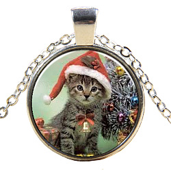 Collares con colgante de vidrio de gatito con tema navideño, fornituras de aleación, plano y redondo con el patrón de gato, color plateado, 17.7 pulgada (45 cm), colgante: 27 mm