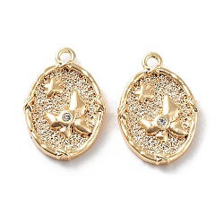 Rack Plating Brass Micro Pave Cubic Zirconia Pendants, Oval with Star, Real 18K Gold Plated, 15.5x11x2.5mm, Hole: 1.2mm