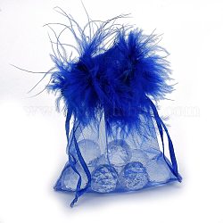 Pochette organza pour cadeaux, avec cordon de serrage et plume, bijoux pochettes sacs, pour les sacs en filet de bonbons de noce, rectangle, bleu, 12x10x0.07 cm