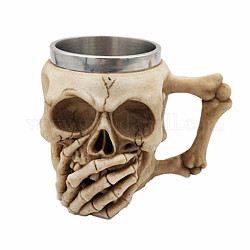Taza de calavera de acero inoxidable halloween 304, taza de cerveza esqueleto de resina, para decoración del hogar regalo de cumpleaños, crema, 115x150x105mm, diámetro interior: 77 mm