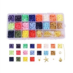 Kits de joyería de perlas de heishi diy, con hechos a mano abalorios de la arcilla del polímero, Colgantes de la aleación, hilo elástico, cuentas espaciadoras de latón y pasadores de rótula y anillos, tijeras, dorado, 6x1mm, agujero: 1.5~2 mm, aproximamente 3420~3800 pcs