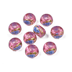 Perline di rondelle in acrilico trasparente con stampa floreale, perline con foro grande, rosa caldo, 15x9mm, Foro: 7 mm