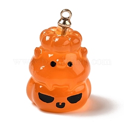 Pendentifs en résine opaque thème halloween, avec les accessoires en alliage ton or lumière, monstre citrouille, orange, 21x13.5x13mm, Trou: 1.5mm