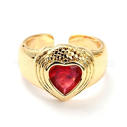Латунные микро проложить манжеты кольца кубического циркония, открытые кольца, широкая полоса кольца, сердце, красные, золотые, размер США 6, внутренний диаметр: 17 мм
