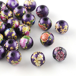 Perles rondes imprimées de motif de fleur rose en verre, perles de culture de imitation , couleur mixte, 10x9mm, Trou: 1.5mm