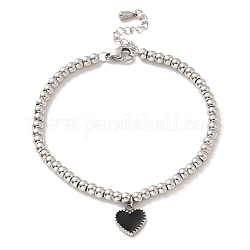304 bracelet à breloques cœur en acier inoxydable avec émail, 201 bracelet perles rondes acier inoxydable pour femme, couleur inoxydable, 8-3/8 pouce (21.4 cm)