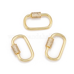 Brass Micro Pave Cubic Zirconia Screw Carabiner Lock Charms, for Necklaces Making, Oval, Clear, Golden, 26.5x17~17.5mm