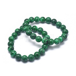 Bracelets extensibles en perles de malachite synthétiques, ronde, 2-1/8 pouce ~ 2-3/8 pouces (5.5~6 cm), perle: 8 mm