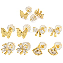 4 pcs 4 style 925 boucles d'oreilles en argent sterling ensemble, avec de la zircone cubique clair, papillon, fleur, feuille et nœud papillon, or, 8~10mm, 1pc / style