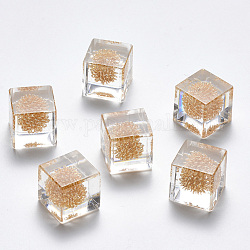 Perline acrilico trasparente, con filo di ferro oro chiaro all'interno, cubo, Senza Buco, chiaro, 15x15x15mm