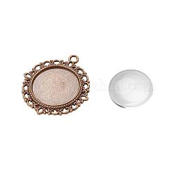 Pendant Making Sets, with Alloy Pendant Cabochon Settings and Glass Cabochons, Flat Round, Lead Free, Antique Bronze, Tray: 20mm, 35x32x2mm, Hole: 2mm