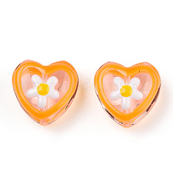 Transparente Glasperlen, mit Emaille, Herz mit Blumenmuster, orange, 12x12x6.5 mm, Bohrung: 0.9 mm