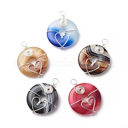 Natural Striped Agate/Banded Agate Pendants, Dyed, with Eco-Friendly Copper Wire Wrapped, Donut/Pi Disc Charm, Mixed Color, Silver, 38.5x31x6.5mm, Hole: 4.5mm