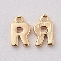 Brass Charms, Letter, Nickel Free, Real 18K Gold Plated, Letter.R, 8x5x1.5mm, Hole: 0.8mm