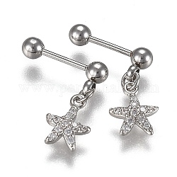 304 Stainless Steel Barbell Cartilage Earrings, with Clear Cubic Zirconia Star Charm, Stainless Steel Color, 14.5mm, Pin: 0.8mm, 12pcs/set