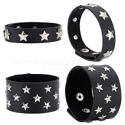 Ahadermaker 4pcs 2 bracelets en similicuir large style ensemble de bracelets, bracelets punk rock cloutés étoile de fer platine pour hommes, noir, 8-1/2~9-1/2 pouce (21.5~24 cm), 2 pièces / style