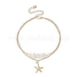 Perles de pierre de lune blanche naturelle et breloques étoile de mer bracelet double couche multi-rangs, bijoux en acier inoxydable pour femmes, or, 9-3/8 pouce (23.7 cm)