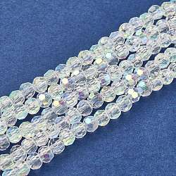 Chapelets de perles en verre, facette (32 facette) ronde, de couleur plaquée ab , blanc, 4mm, Trou: 1mm, Environ 88~90 pcs/chapelet, 28~30 cm