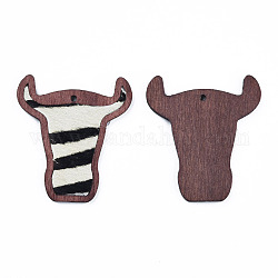 Grands pendentifs en cuir de vachette écologique, avec du bois teint, La tête de vache, beige, 55x50x3mm, Trou: 2.5mm