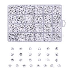 Perline acrilico placcato, metallo argento allacciati, foro orizzontale, piatta e rotonda con la lettera, bianco, lettera a ~ z, 1728pcs/scatola