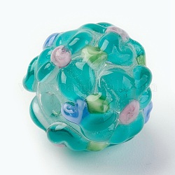 Handmade Lampwork Beads, Rondelle with Flower, Bumpy, Turquoise, 14~15x12~13mm, Hole: 1.5~1.8mm