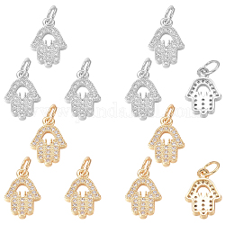 Nbeads 12Pcs 2 Colors Brass Micro Pave Clear Cubic Zirconia Charms, with Jump Rings, Hamsa Hand, Mixed Color, 13x9x2mm, Jump Ring: 5x0.7mm, Inner Diameter: 3.6mm, 6pcs/color