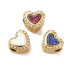 304 Stainless Steel European Beads, Large Hole Beads, with Rhinestone and Enamel, Heart, Mixed Color, Golden, 11.5x12.5x8.2mm, Hole:4.2mm
