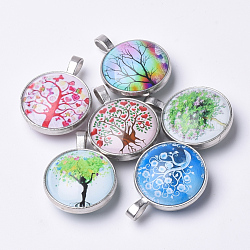 Glass Pendants, with Brass Findings, Flat Round, Tree of Life Theme, Platinum, Mixed Color, 36x27x14mm, Hole: 3.5x7mm