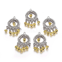 Pendentifs en alliage, avec des perles à facettes en verre rondelle, anneau, argent antique, kaki clair, 43x25x5.5mm, Trou: 2.5mm, pendentif: 5.5~6x4 mm