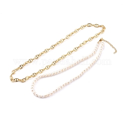Colliers de chaîne à maillons en laiton et ensembles de colliers de perles de perles naturelles, avec fermoirs mousquetons en 304 acier inoxydable, couleur de coquillage, or, 17.72 pouce (45 cm), 14.96 pouce (38 cm), 2 pièces / kit