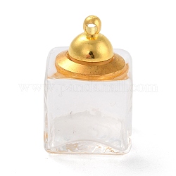 Colgantes de botellas de vidrio, con tapa de latón, colgante de botella de deseo, colgante de botella recargable, cubo, dorado, Claro, 23mm, agujero: 1.8 mm