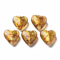 Perlas de vidrio de lámina de plata de murano hechas a mano, corazón, oro, 15~16x15.5x9~10mm, agujero: 1.2 mm