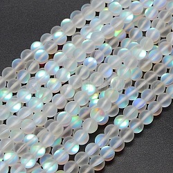 Pietre moon sintetiche perline fili, perle olografiche, metà di colore ab placcato, smerigliato, tondo, bianco, 10mm, Foro: 1 mm, circa 37pcs/filo, 15 pollice