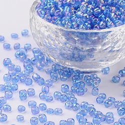 (servicio de reempaquetado disponible) perlas redondas de vidrio, colores transparentes arco iris, redondo, azul aciano, 6/0, 4mm, aproximamente 12 g / bolsa