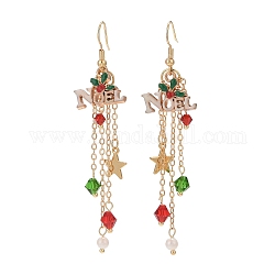 Word Noel Alloy Enamel & Glass Beads Dangle Earrings, Golden Brass Tassel Earrings for Christmas, Colorful, 80mm, Pin: 0.9mm