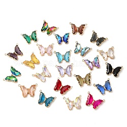 Brass Pave Faceted Glass Connector Charms, Golden Tone Butterfly Links, Mixed Color, 17.5x23x5mm, Hole: 0.9mm