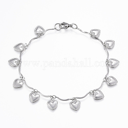 304 Stainless Steel Charm Bracelets, Heart, Stainless Steel Color, 8-1/4 inch(210mm)
