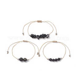 Set di 3 braccialetti di perline intrecciate in ossidiana naturale stile 3 pezzi, braccialetti regolabili in filo di nylon per donna, diametro interno: 3-3/8 pollice (8.5 cm), 1pc / style