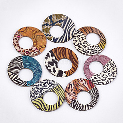 Gros pendentifs en bois imprimés, rond plat avec motif de peau d'animal, couleur mixte, 60x3mm, Trou: 1.6mm