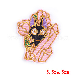猫のテーマのコンピュータ刺繍布アイロン/縫い付けワッペン  マスクと衣装のアクセサリー  パールピンク  55x45mm