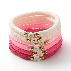 Handgefertigte Heishi-Perlen-Stretcharmbänder aus Fimo mit Herzmuster-Perlen für Frauen, Mischfarbe, Innendurchmesser: 2-1/4 Zoll (5.7 cm), 6 Stück / Set
