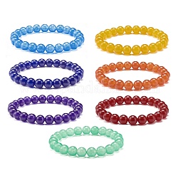 Set di bracciali elastici con perline tonde in giada della Malesia tinti naturali, 7 braccialetti impilabili chakra per lei, colore misto, perline: 8 mm, diametro interno: 2-1/8 pollice (5.5 cm), 7 pc / set